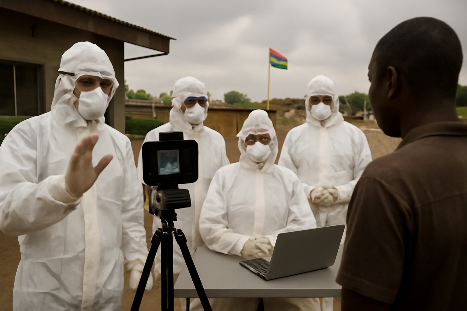 Health workers in protective gear at a border checkpoint in East Africa