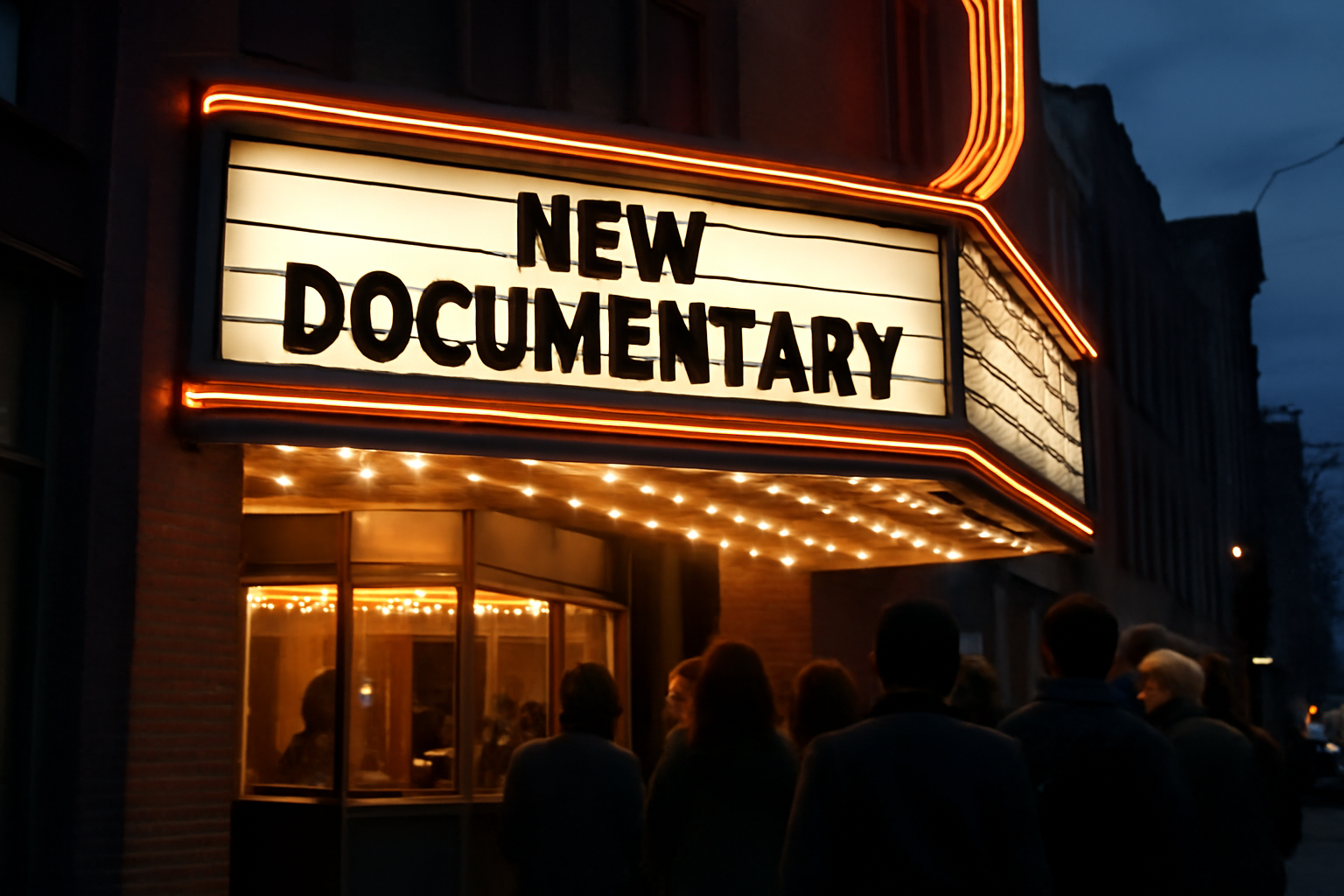 Movie theater marquee lit up for a documentary premiere at night