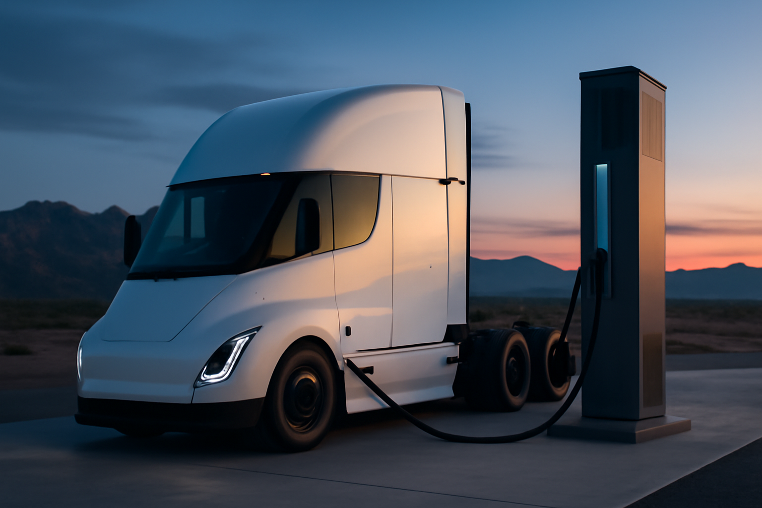 A white electric semi truck plugged into a high-power charging station outside an industrial facility