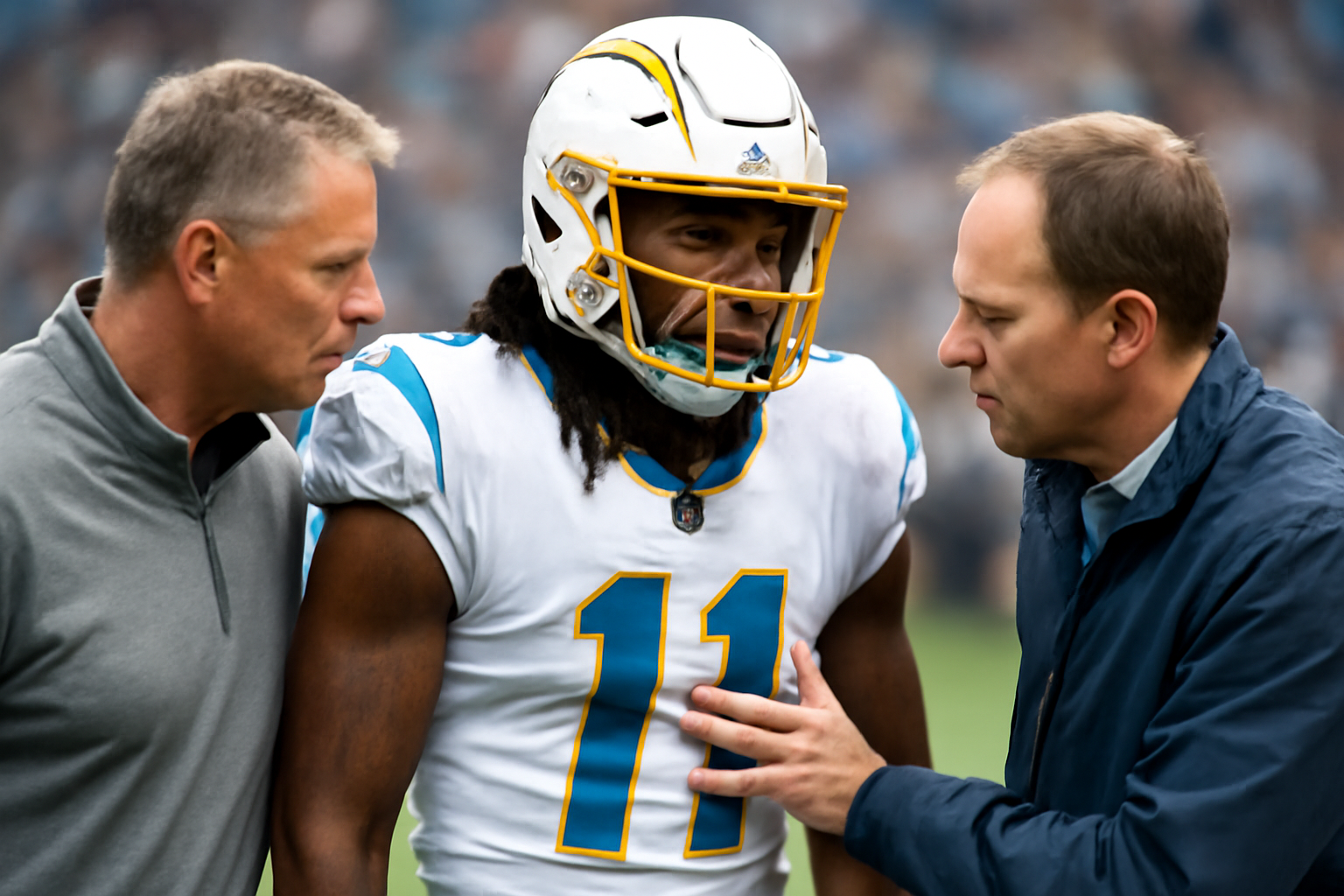 Chargers wide receiver in uniform being evaluated on the sideline during an NFL game