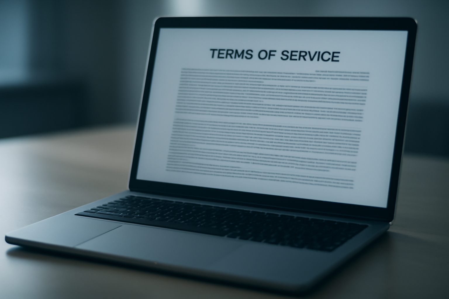 Close-up of a website terms of service document on a laptop screen with a social media company logo faded in the background