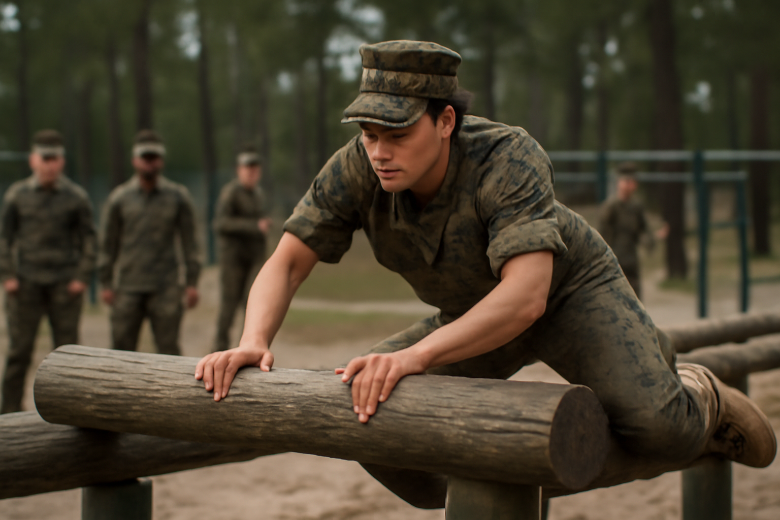 Female Marine in combat uniform completing a physical fitness obstacle during training
