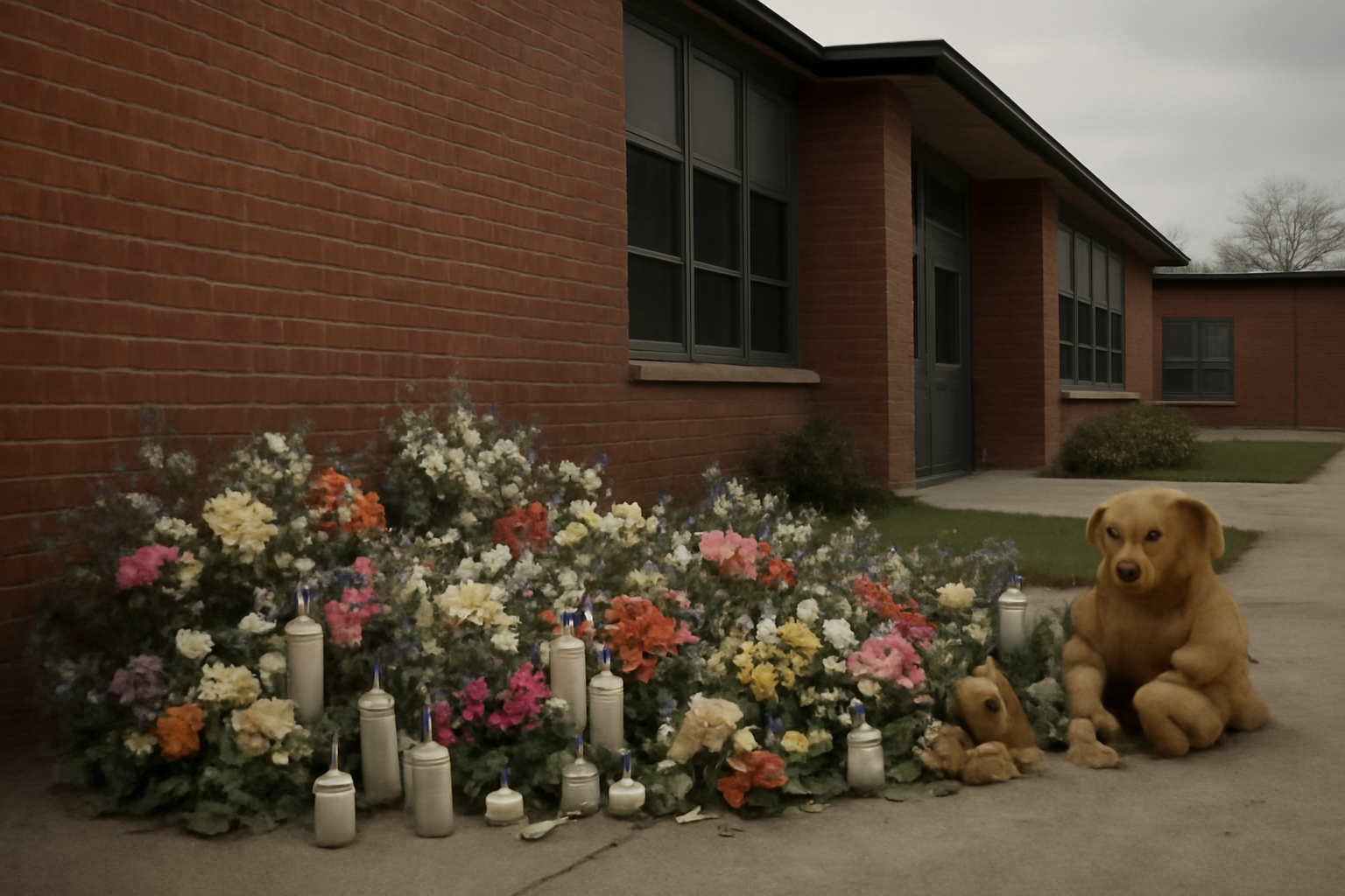 Flowers and candles left at a memorial outside an elementary school building