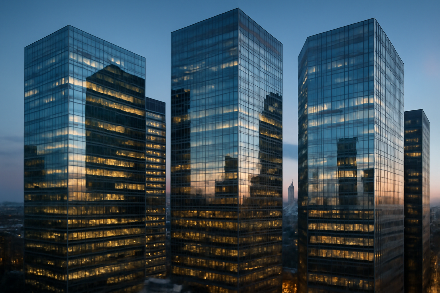 Office tower exteriors reflecting a city skyline, symbolizing large corporate scale