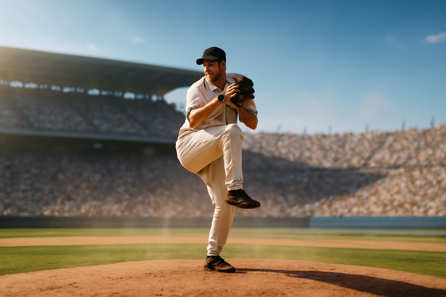 Pitcher delivering a fastball under bright sun at a packed baseball stadium