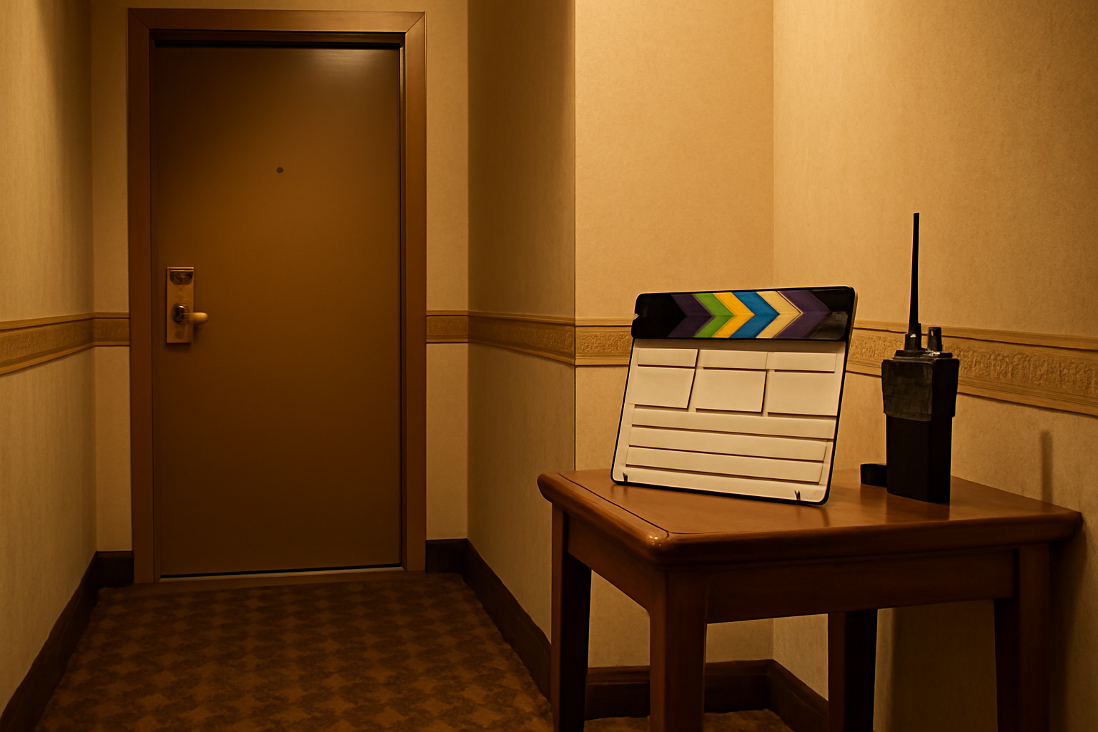 A vintage hotel room door with a film set clipboard resting against it