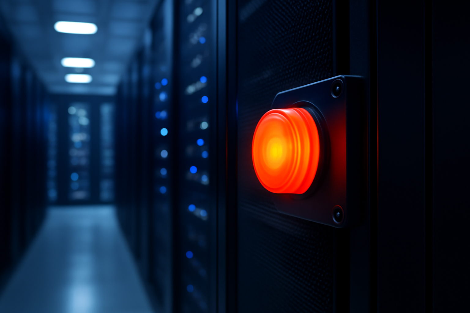 A red emergency stop button mounted beside server racks in a data center