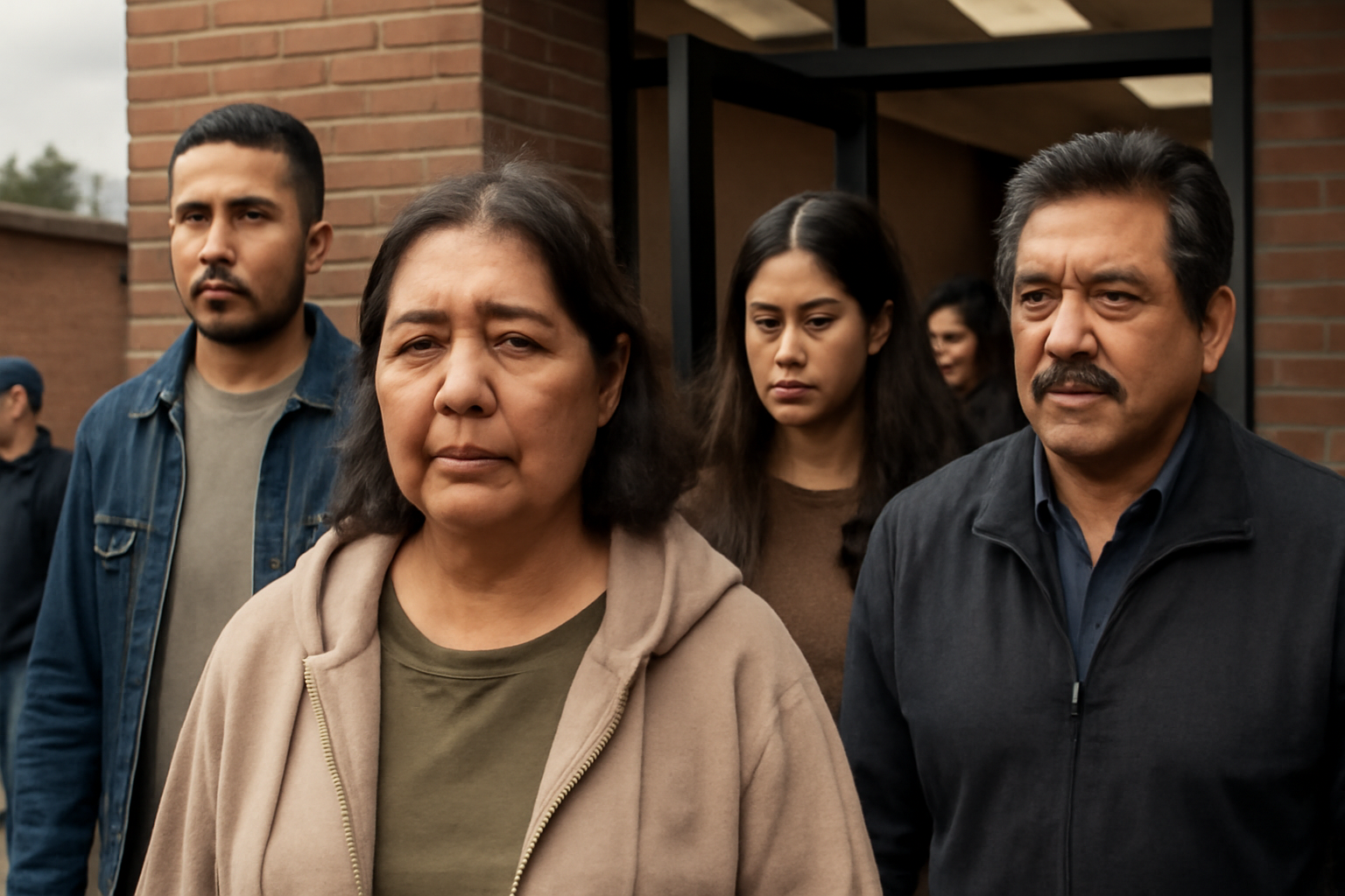 Latino voters walking past a polling place sign under overcast skies