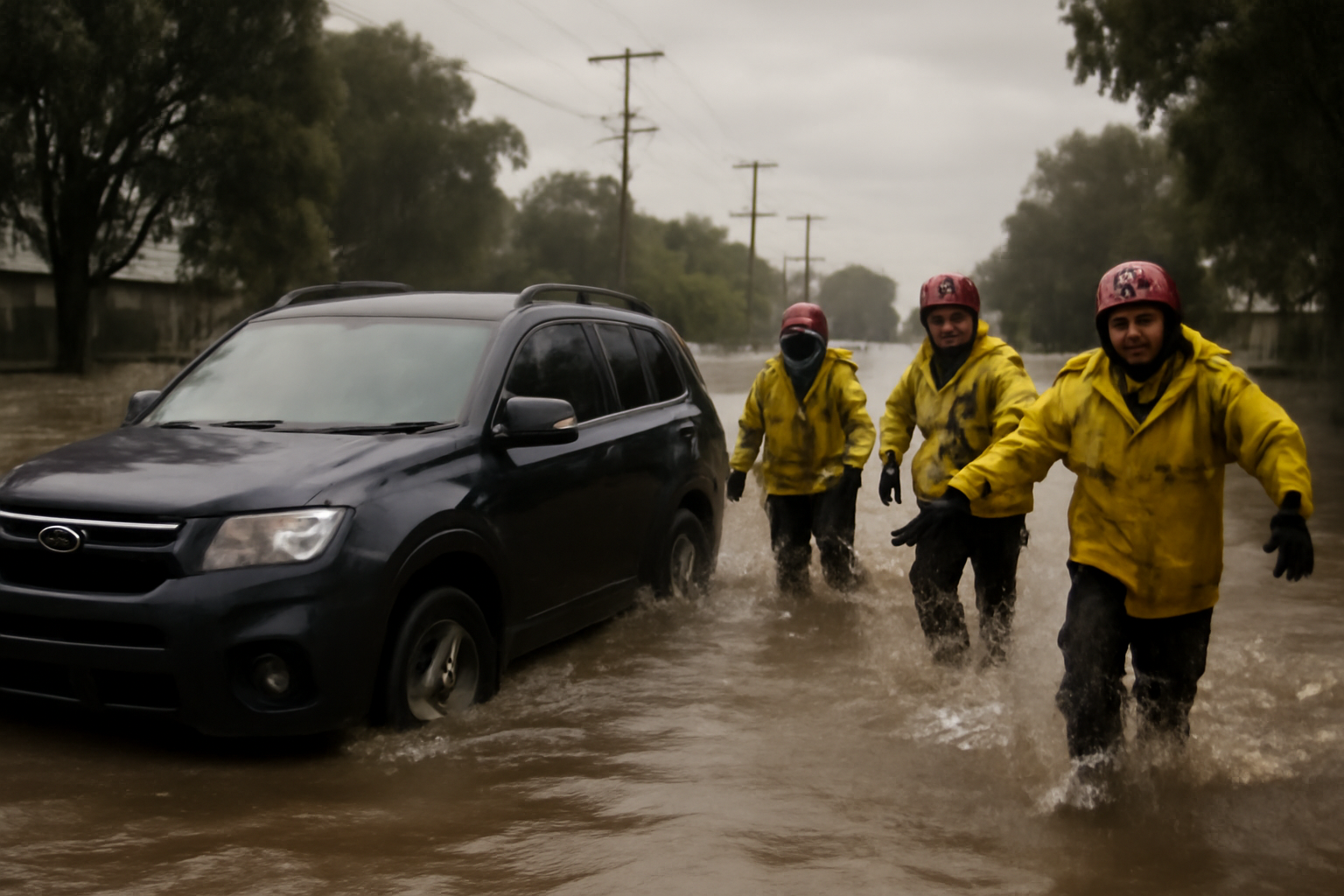 An SUV partially submerged in brown flood water on a suburban Queensland street