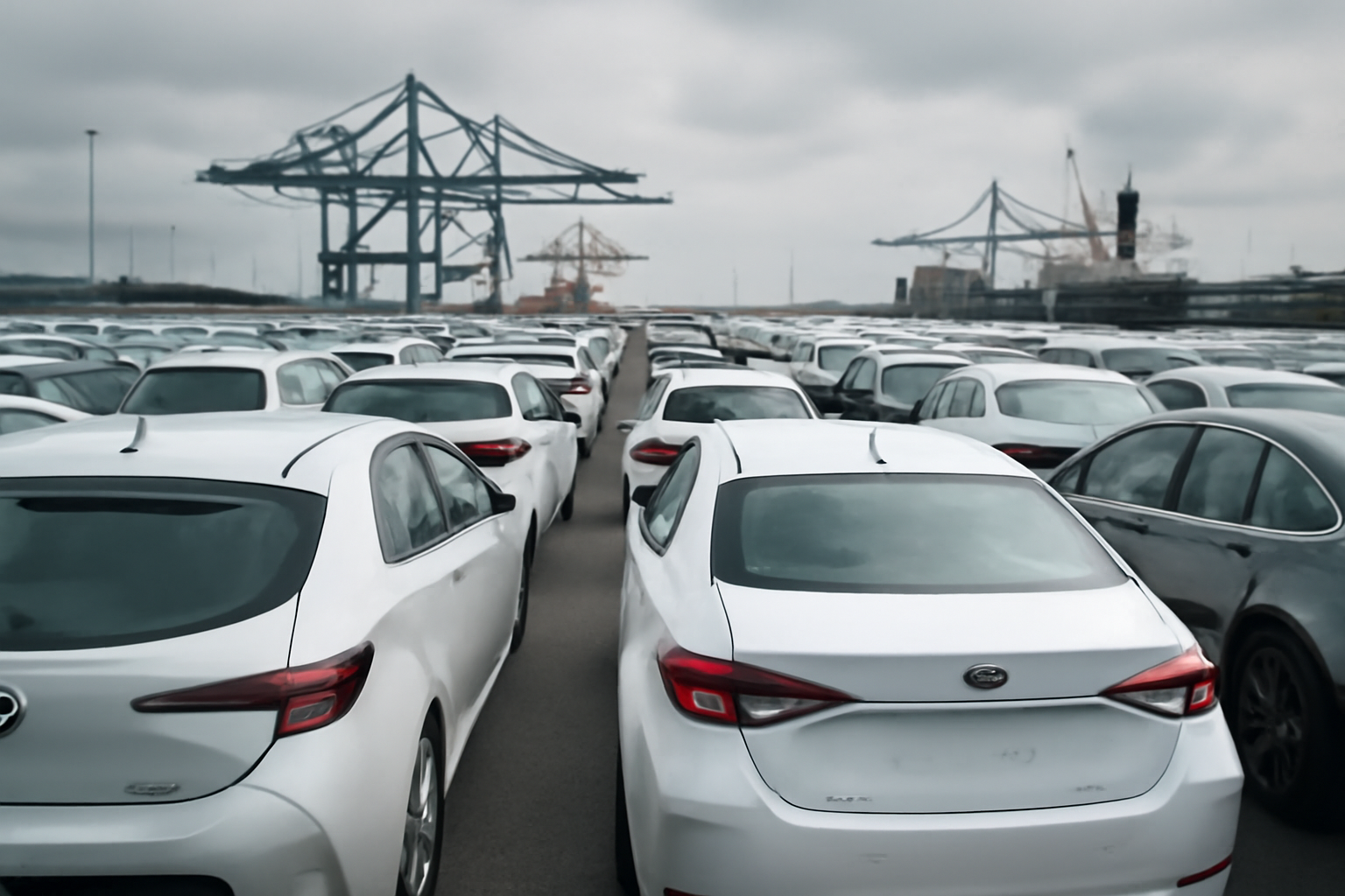 Rows of Chinese-made hybrid vehicles parked at a European port awaiting distribution