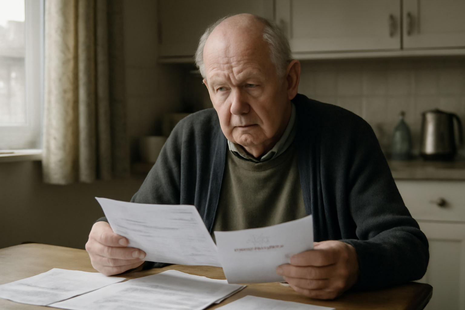 Elderly pensioner reviewing bank statements at a kitchen table in the United Kingdom