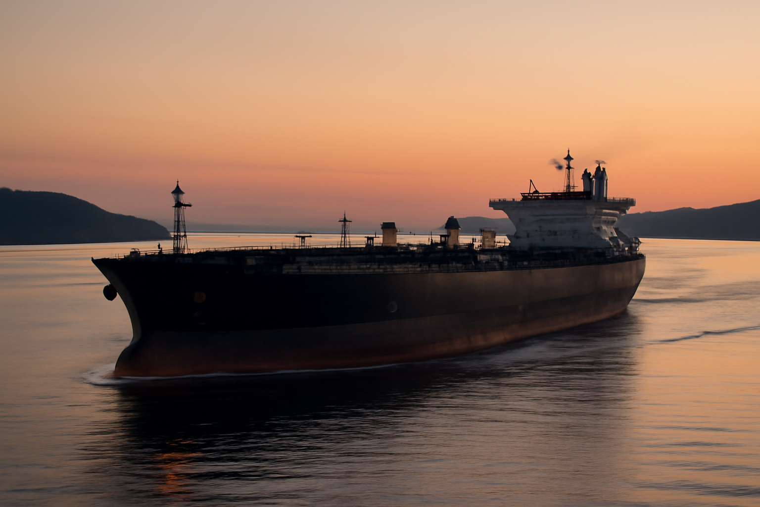 Oil tanker transiting a narrow strait with a Brent crude price chart overlay showing a decline below 100 dollars