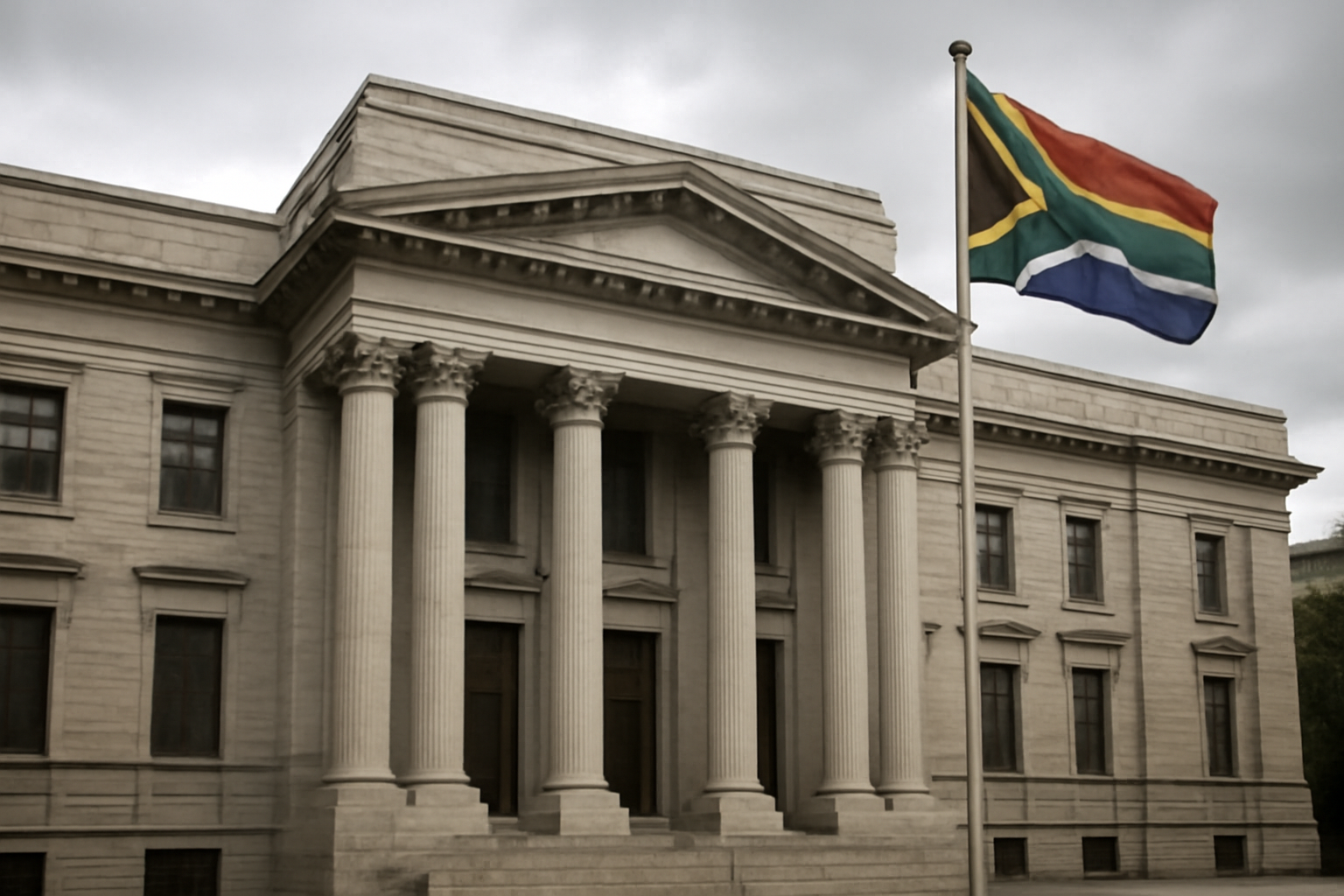 Courthouse exterior in South Africa with the national flag against an overcast sky