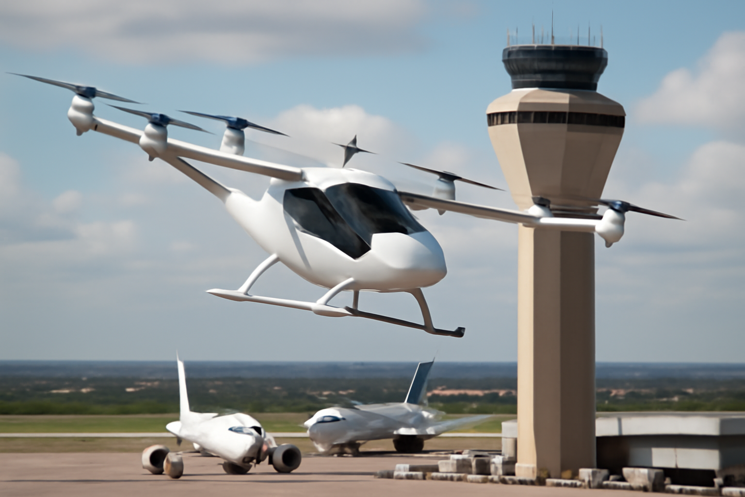 Electric vertical takeoff aircraft flying near Dallas Fort Worth Airport control tower with jets on the tarmac