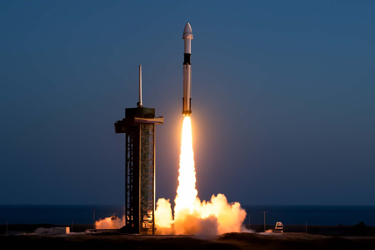 SpaceX Crew Dragon capsule atop a Falcon 9 rocket lifting off from a Florida launch pad at dusk