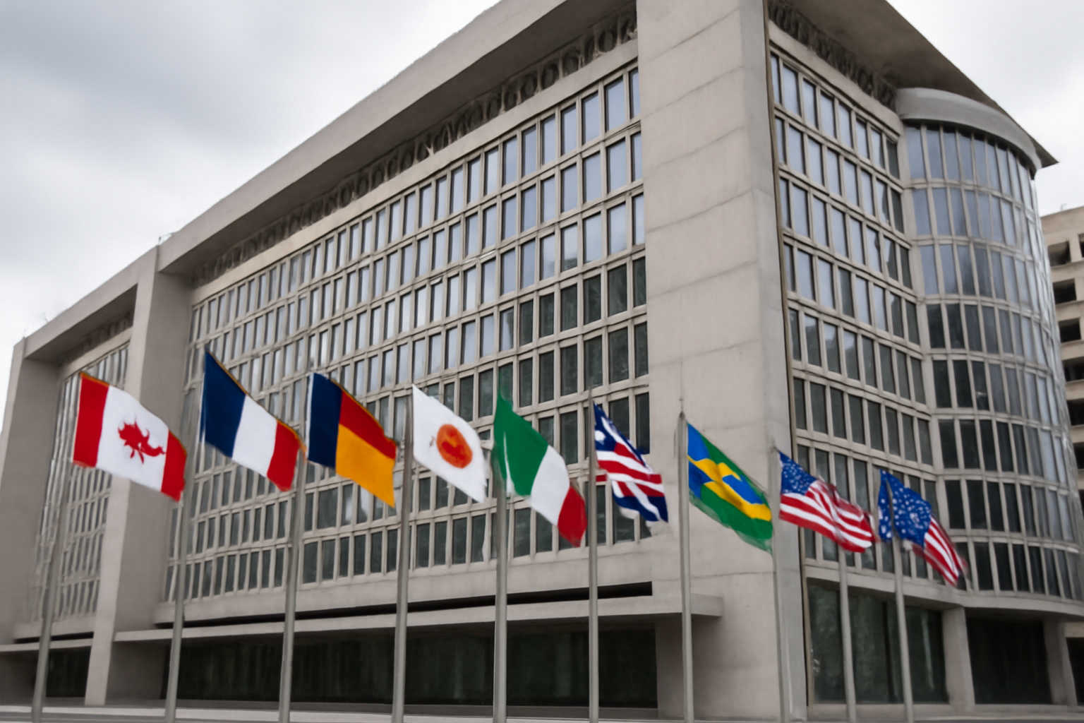 IMF headquarters building exterior with flags in front, overcast sky