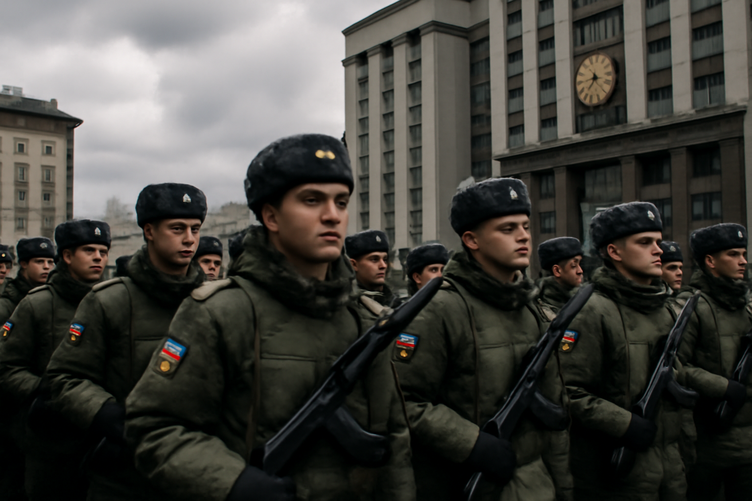 Russian military personnel in formation outside a government building under overcast skies