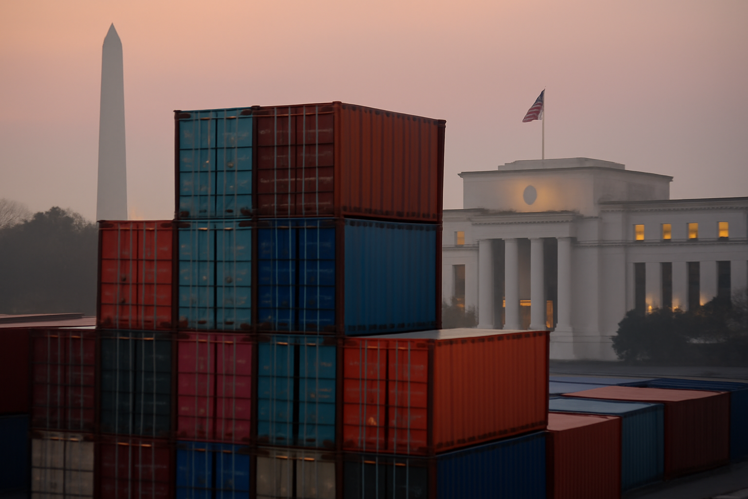 Shipping containers and a US Federal Reserve building side by side symbolizing tariffs and inflation data