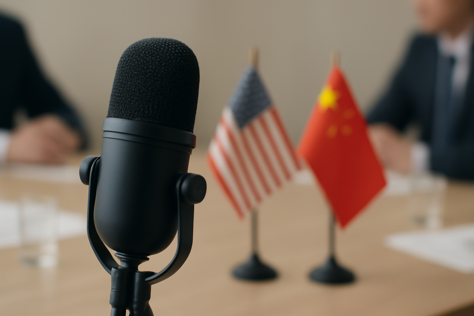 Podcast microphone in the foreground with American and Chinese flags blurred on a meeting table in the background