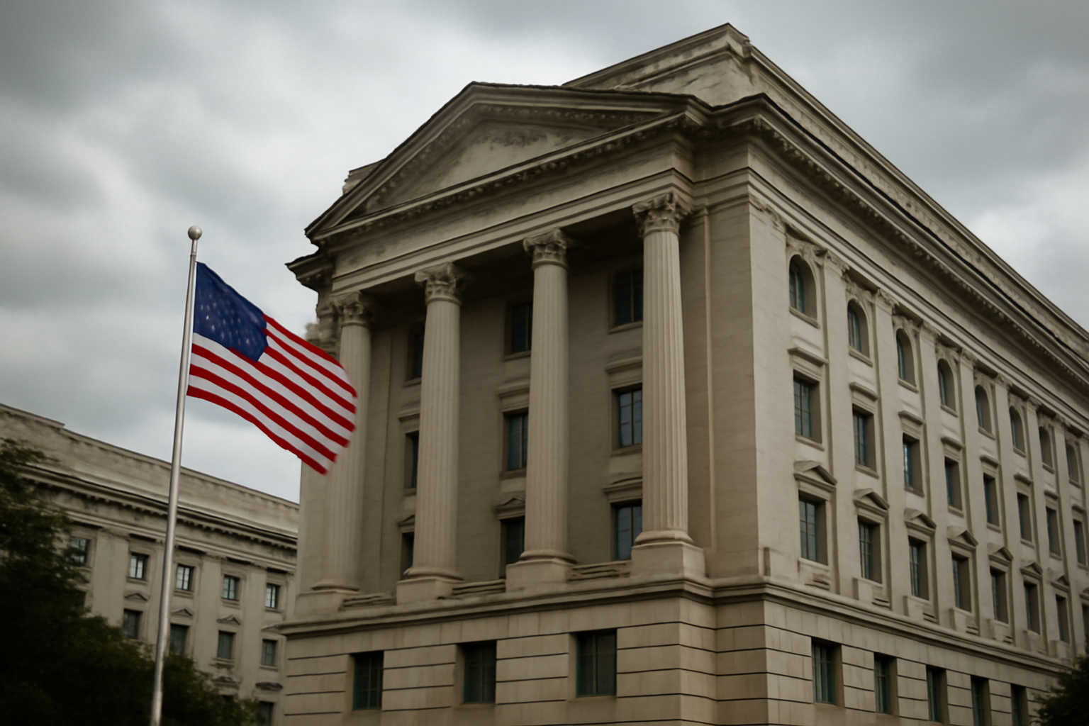 Exterior view of a federal government building with a United States flag