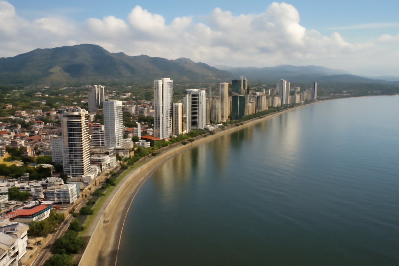 Aerial view of Panama Bay coastline near Panama City after a major earthquake
