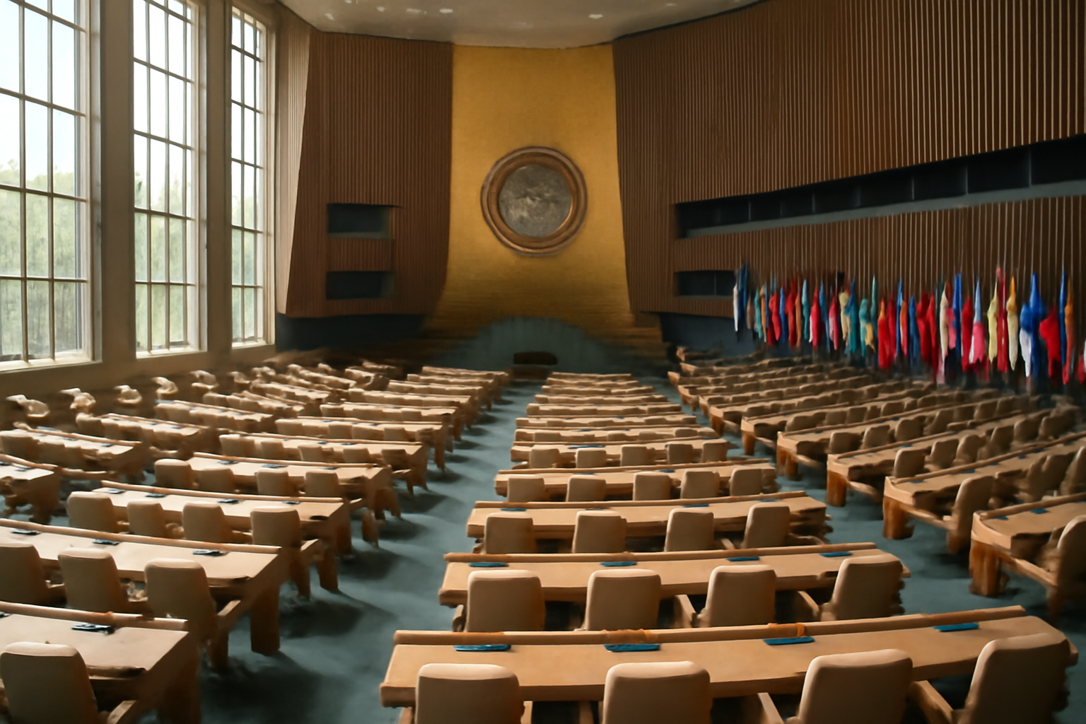 Exterior of the United Nations General Assembly building with flags of member nations