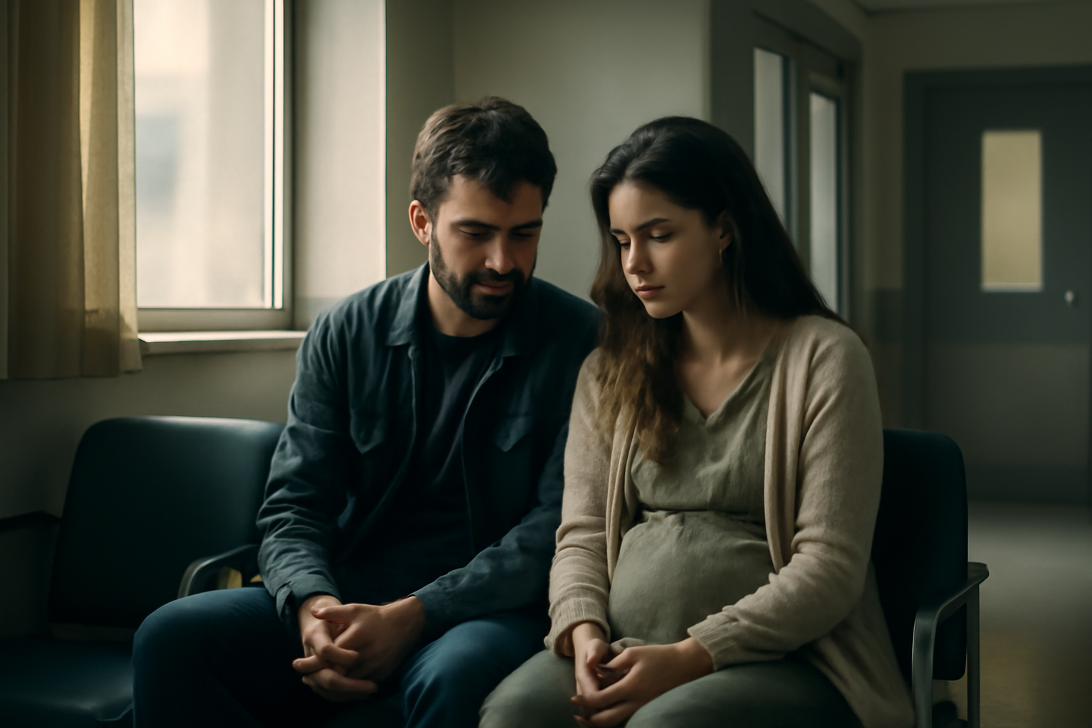 Parents holding hands in a hospital corridor near a maternity ward sign