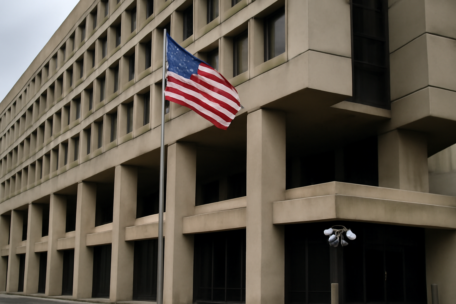 Exterior of the FBI headquarters building with security cameras and signage visible