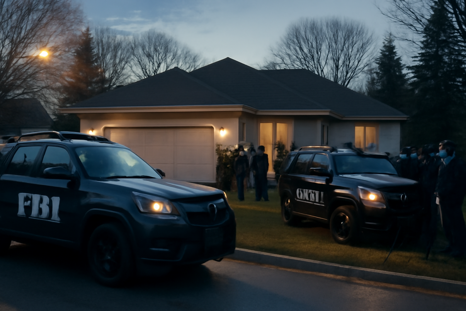 Federal agents and a Capitol Hill press scrum outside a residential home with news cameras