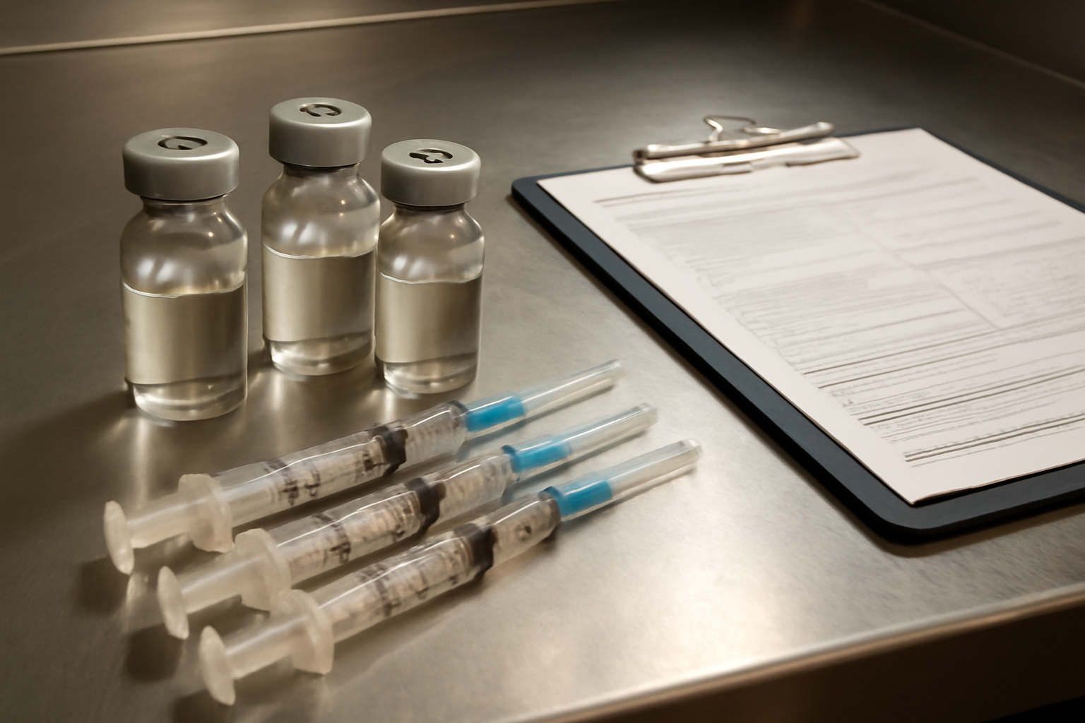 Vials of COVID-19 vaccine on a clinic counter beside a federal ordering form