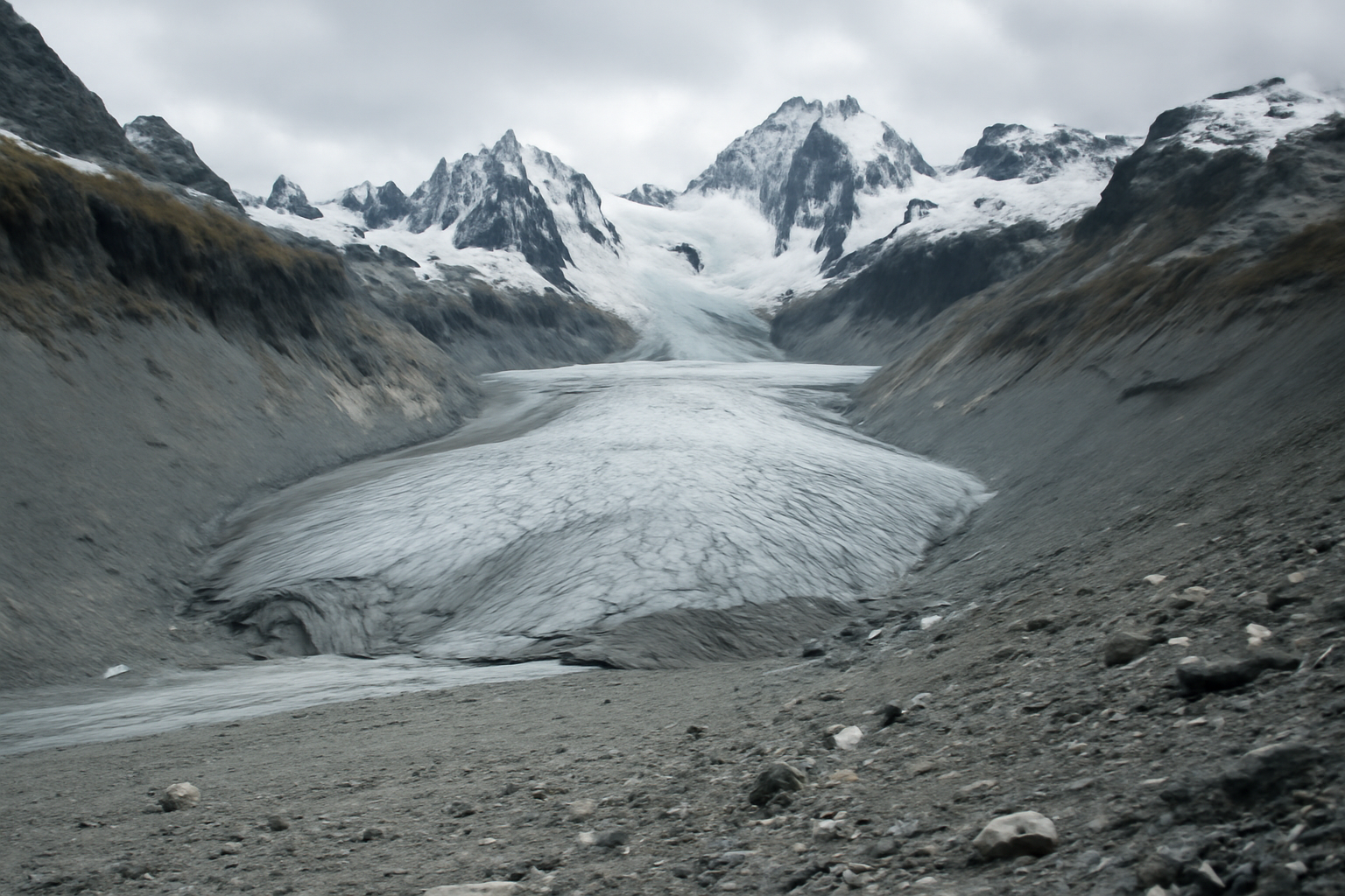 A retreating Alpine glacier with exposed rock and loose moraine beneath a rocky peak