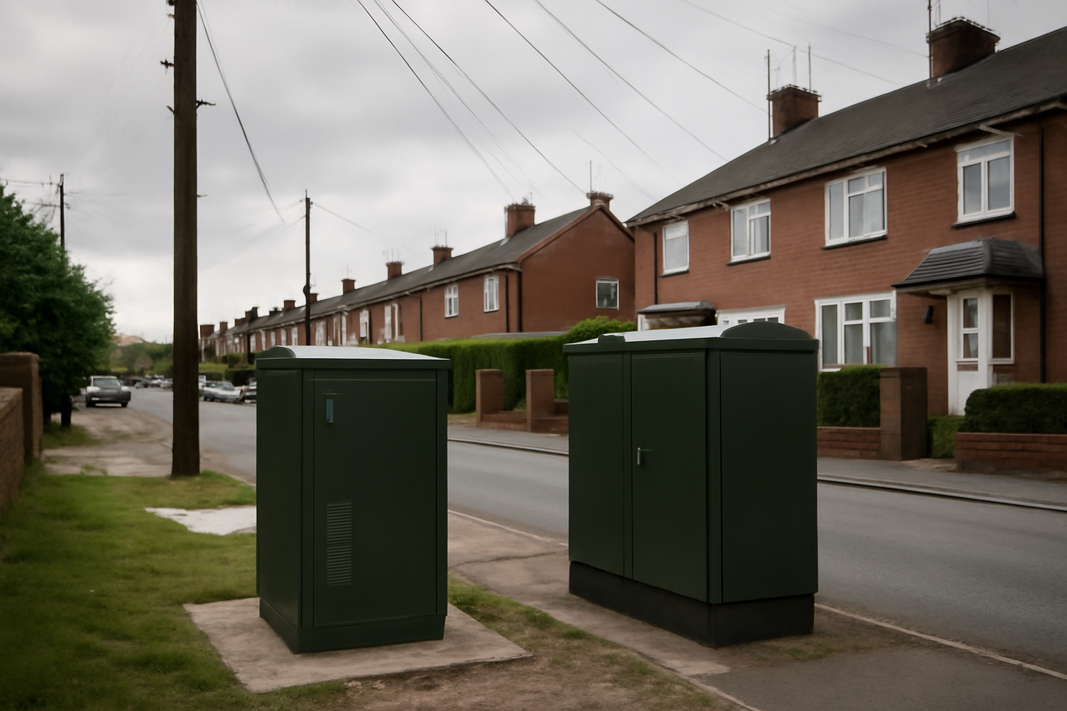 BT and TalkTalk broadband network cabinets on a UK residential street