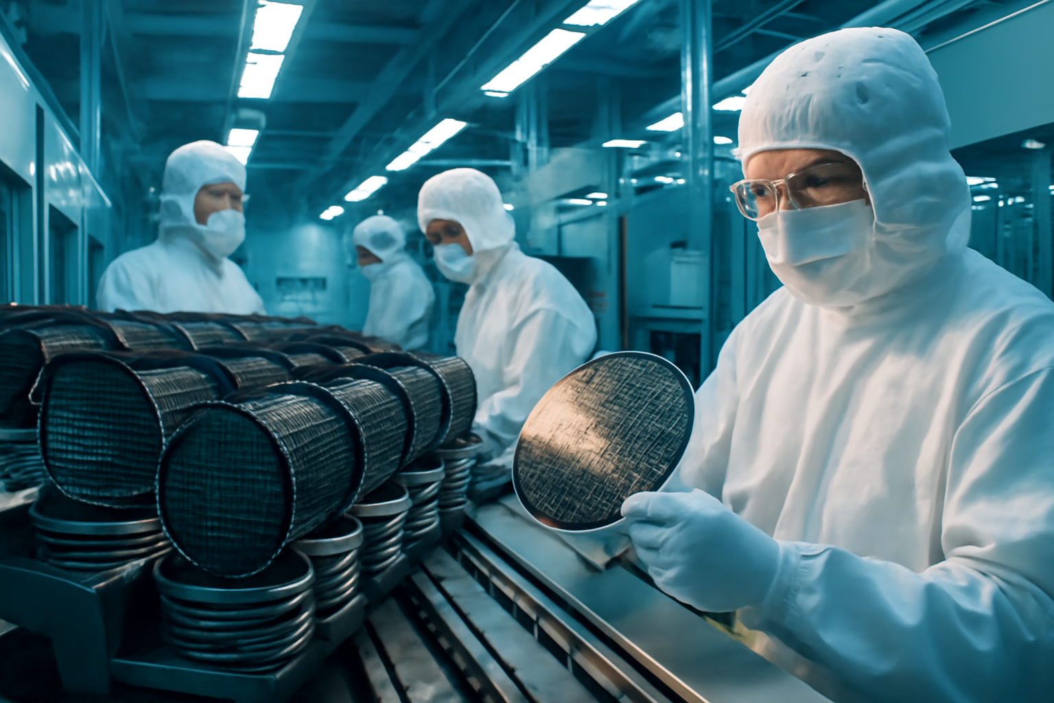 Rows of DRAM memory chips on a circuit board inside a semiconductor clean room