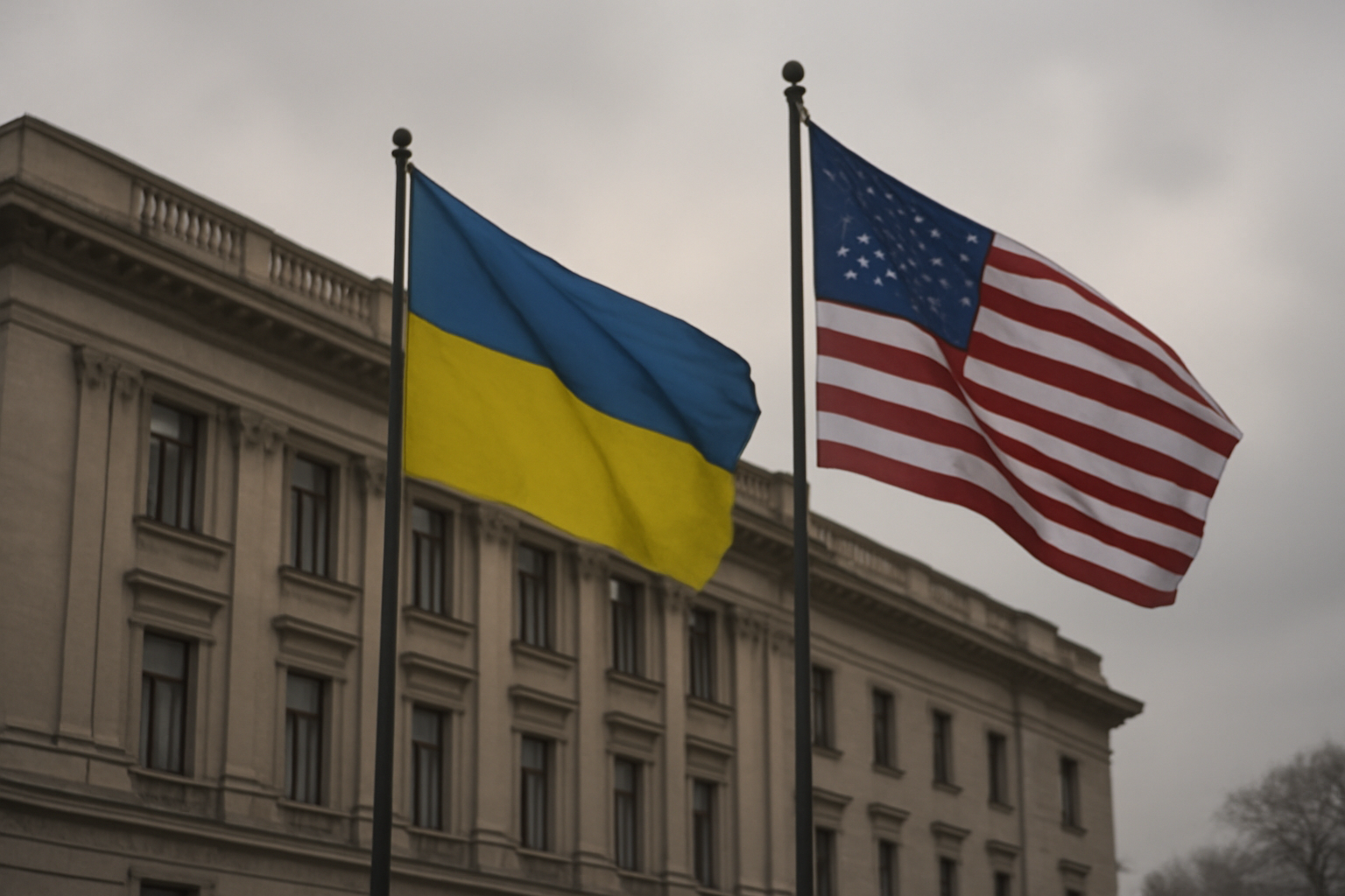 Ukrainian and American flags displayed together near a government building under overcast skies