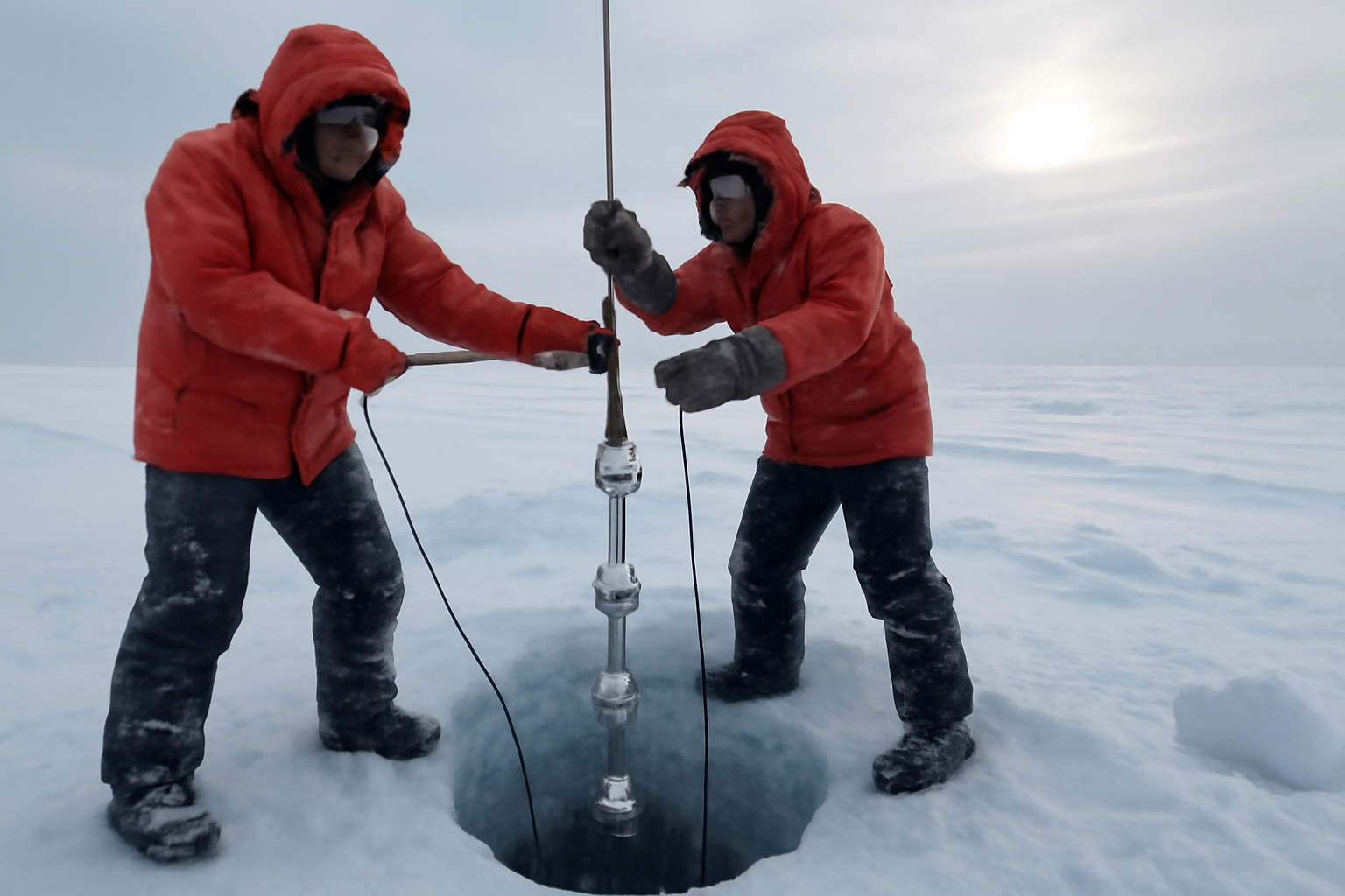 Rows of optical sensor cables being lowered into a deep borehole in Antarctic ice at a research station