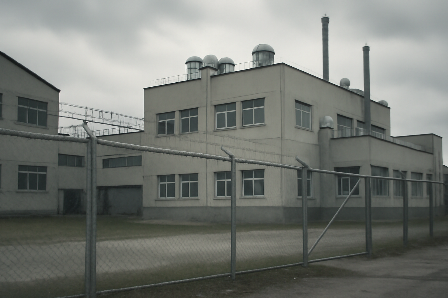Exterior of a plain research laboratory building under an overcast sky, with a security fence in the foreground.