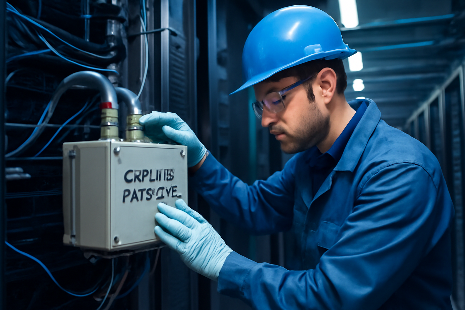 Technician inspecting a solid oxide fuel cell module beside a data center power rack