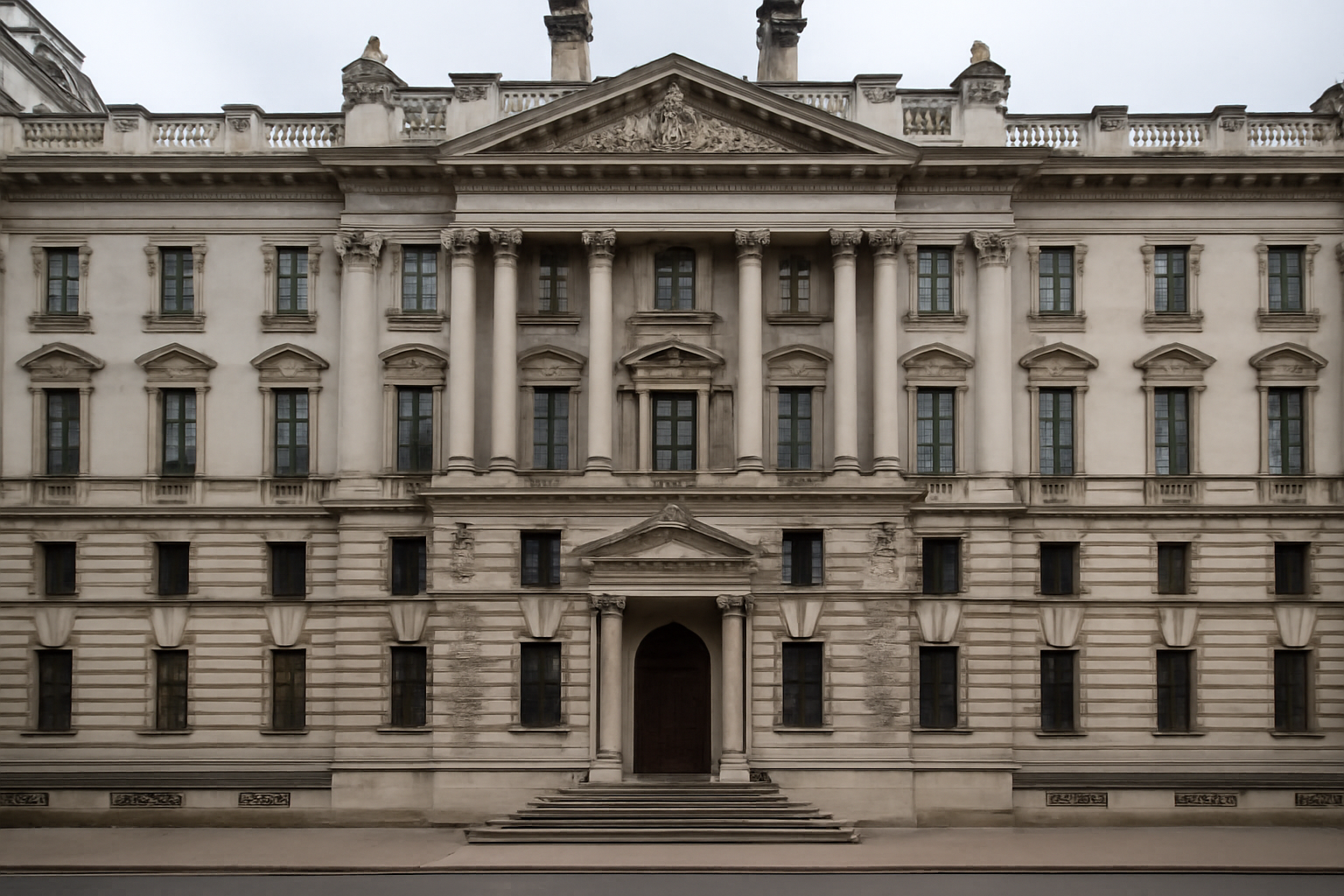 Exterior of HM Treasury building in Westminster, London, under an overcast sky
