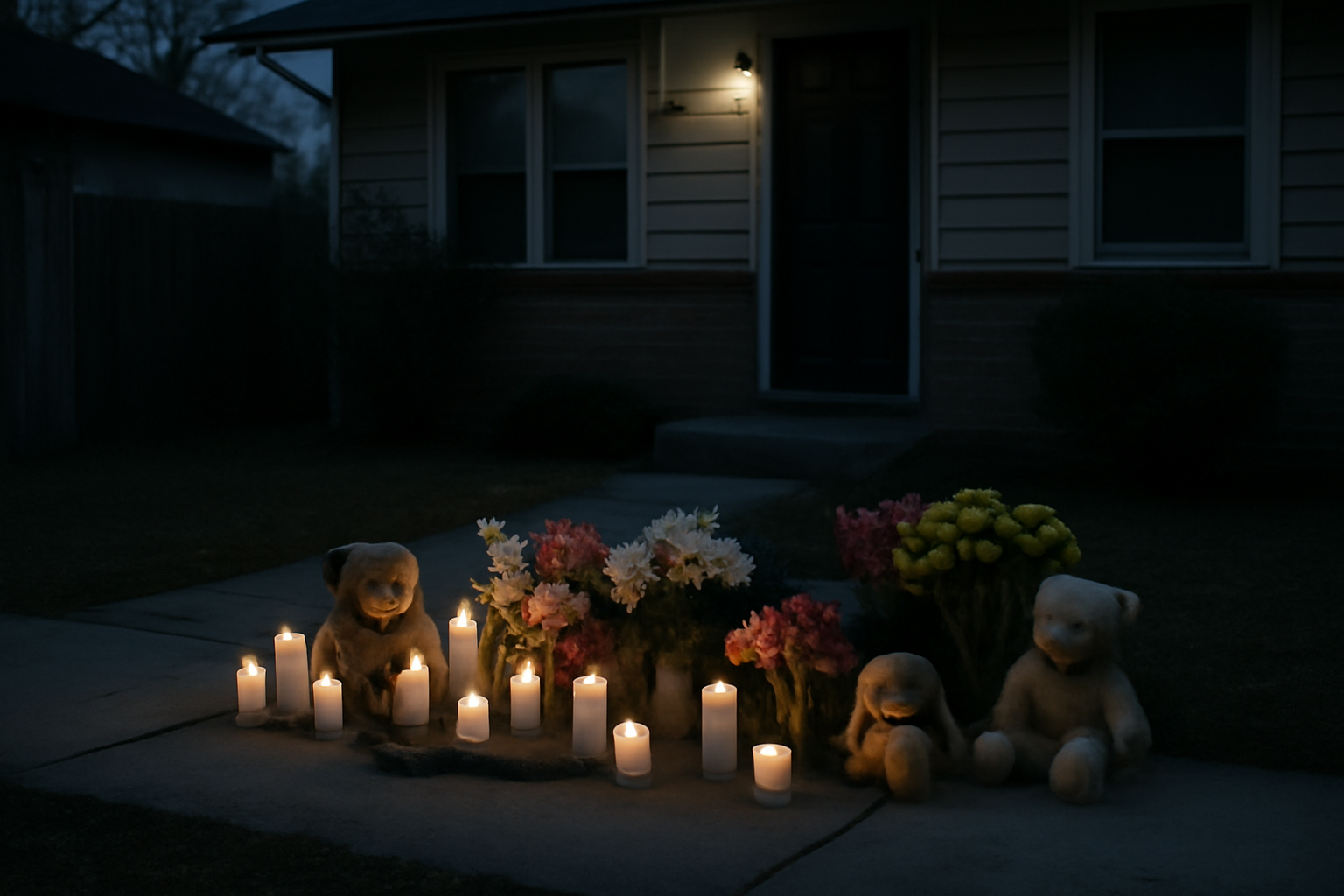 Candles, flowers and stuffed animals left at a makeshift memorial outside a house in Erie, Pennsylvania