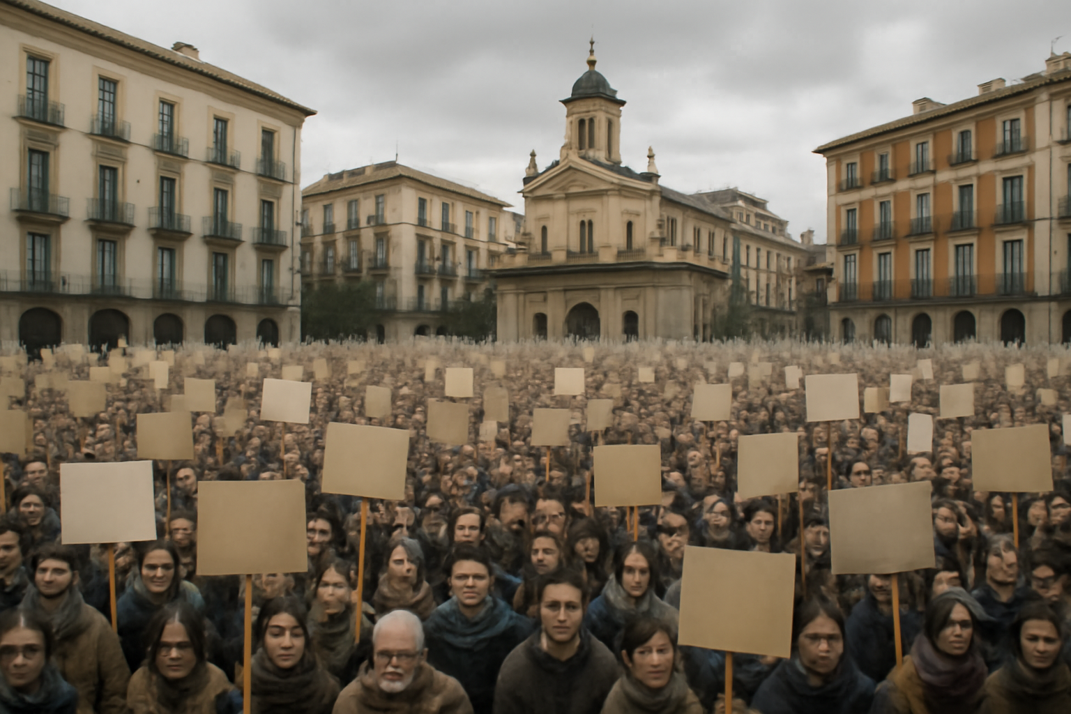 Crowds of demonstrators filling a Madrid square holding signs during a housing protest