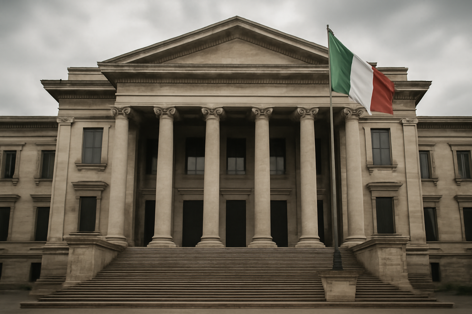 Exterior of an Italian courthouse with the national flag, photographed on an overcast day