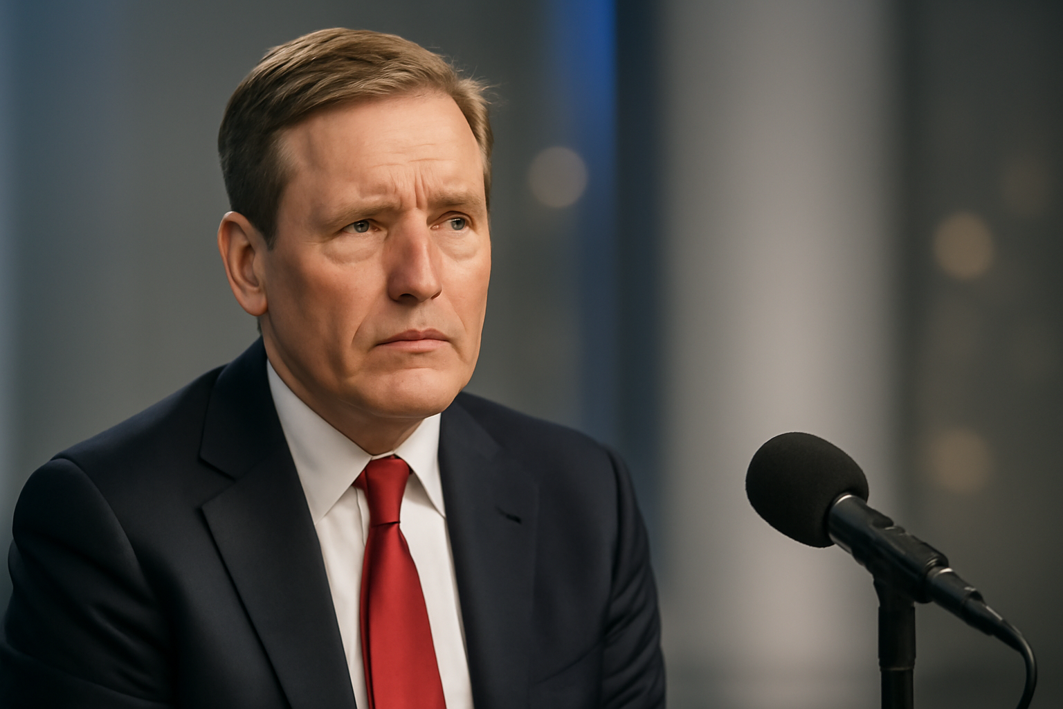 A politician speaks into a microphone during a television studio interview