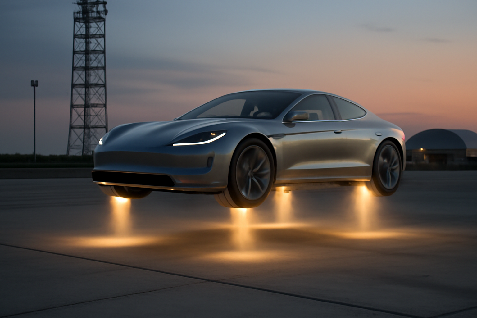 A silver electric sports car hovers above a test pad with visible thruster exhaust at a rocket facility at dusk