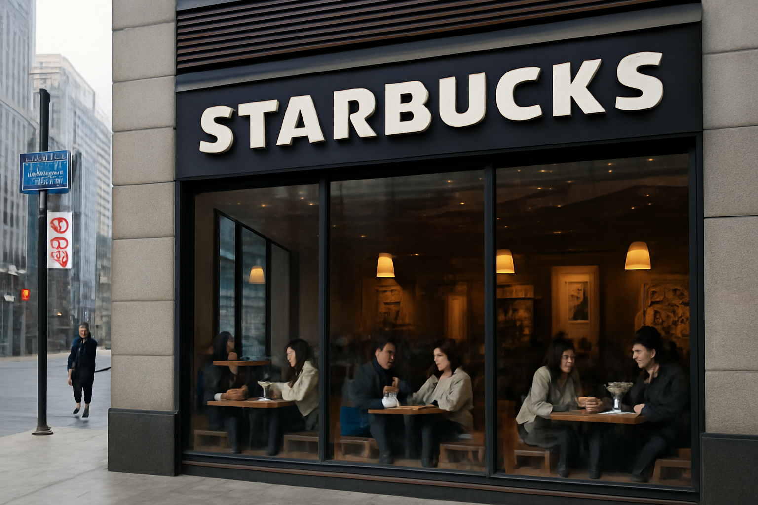 A Starbucks storefront sign in a Chinese shopping district with customers seated inside near a window