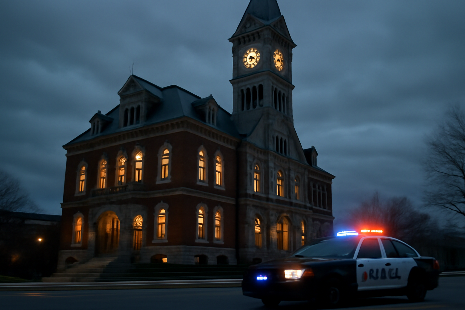 Exterior of New Bedford City Hall with police activity nearby on a city street
