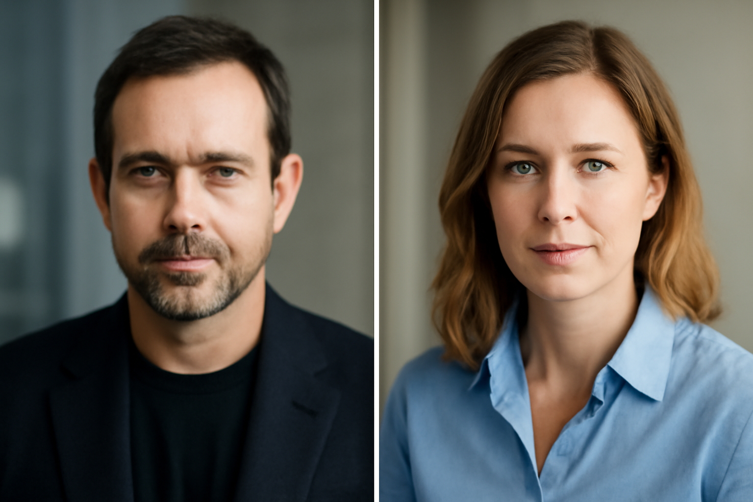 Two separate portrait-style photographs of a tech executive and a colleague divided by a vertical line