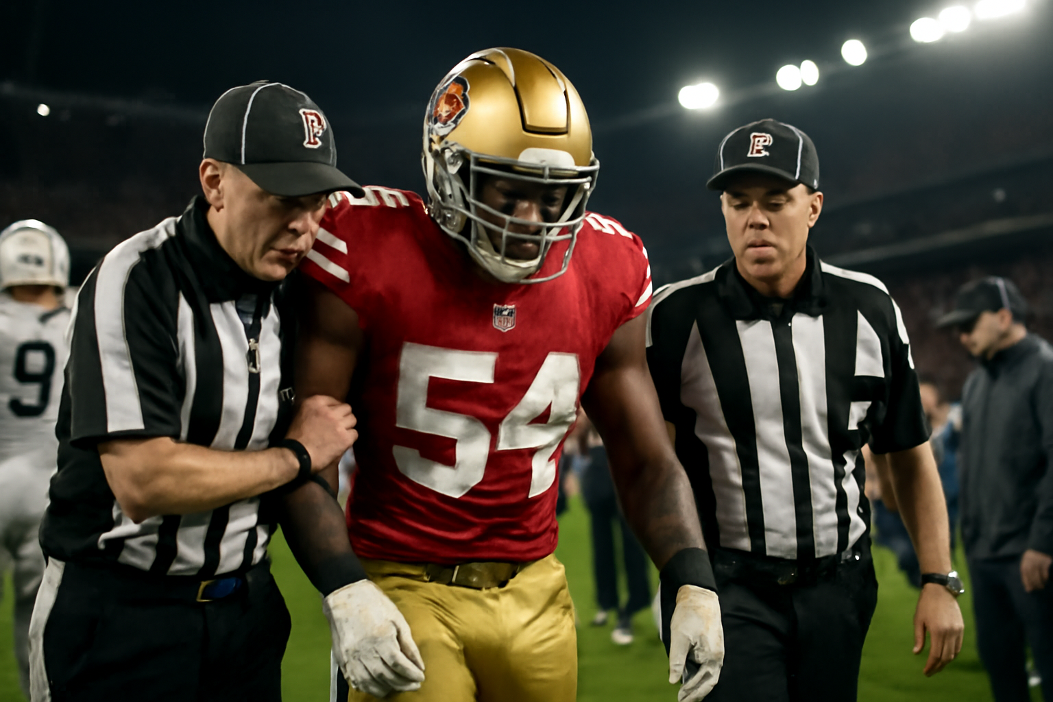 NFL linebacker in a 49ers uniform being escorted off the field by officials during a game