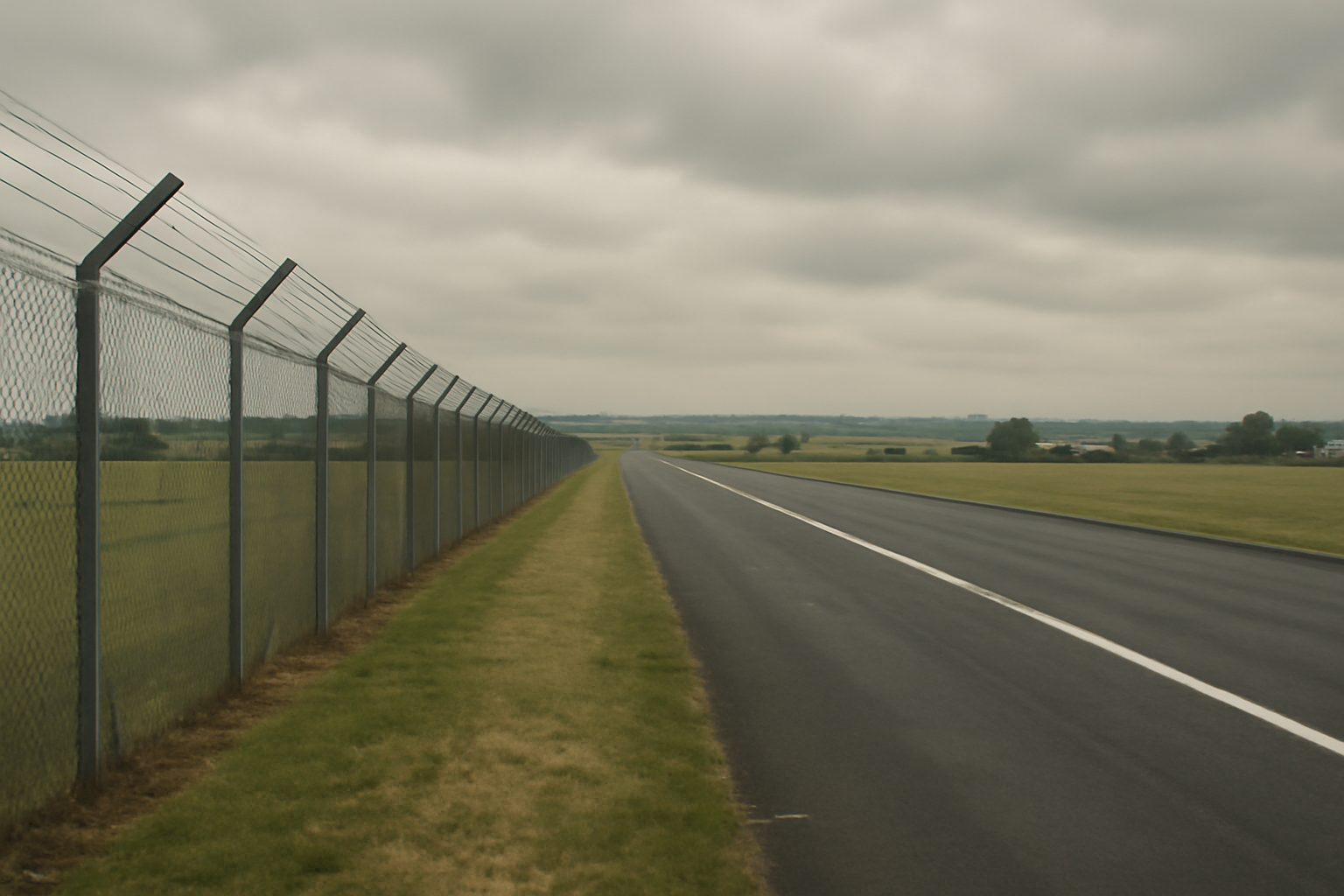 Aerial view of a rural airbase runway with perimeter fencing under overcast skies