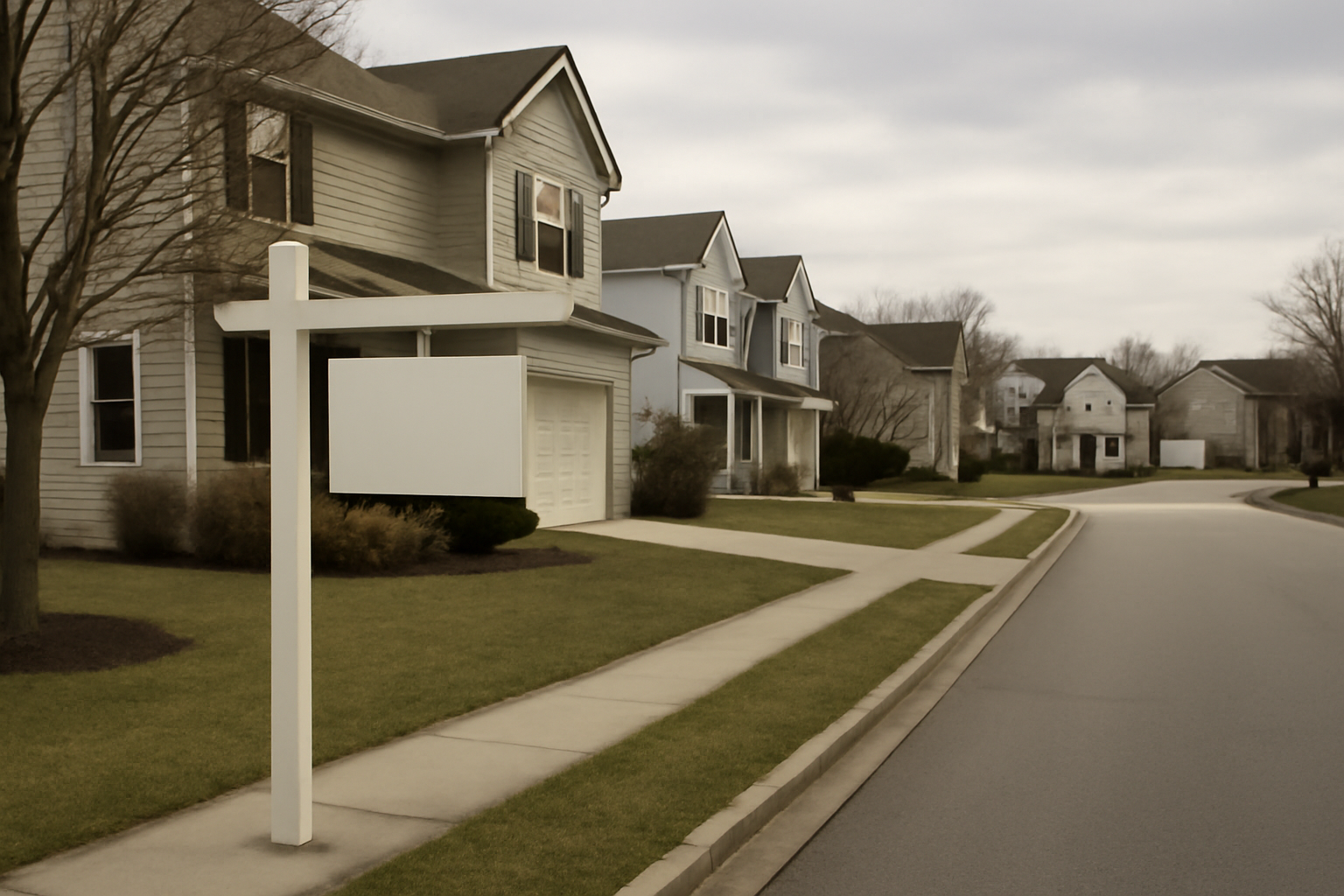 A row of suburban houses with for-sale signs in front yards under a cloudy sky