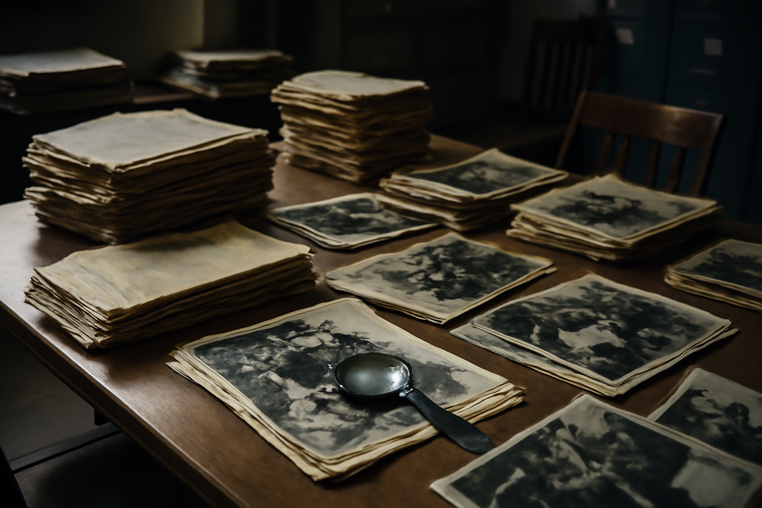 Rows of yellowed newspaper archive pages and old wire photographs spread across a wooden research table